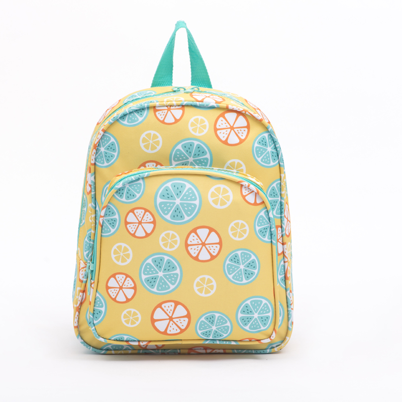 The main color is bright yellow, featuring various citrus fruit slice patterns,with a front pocket, making it suitable for casual outings. giving it a summery vibe.It’s perfect for kids or anyone who enjoys a cute style.