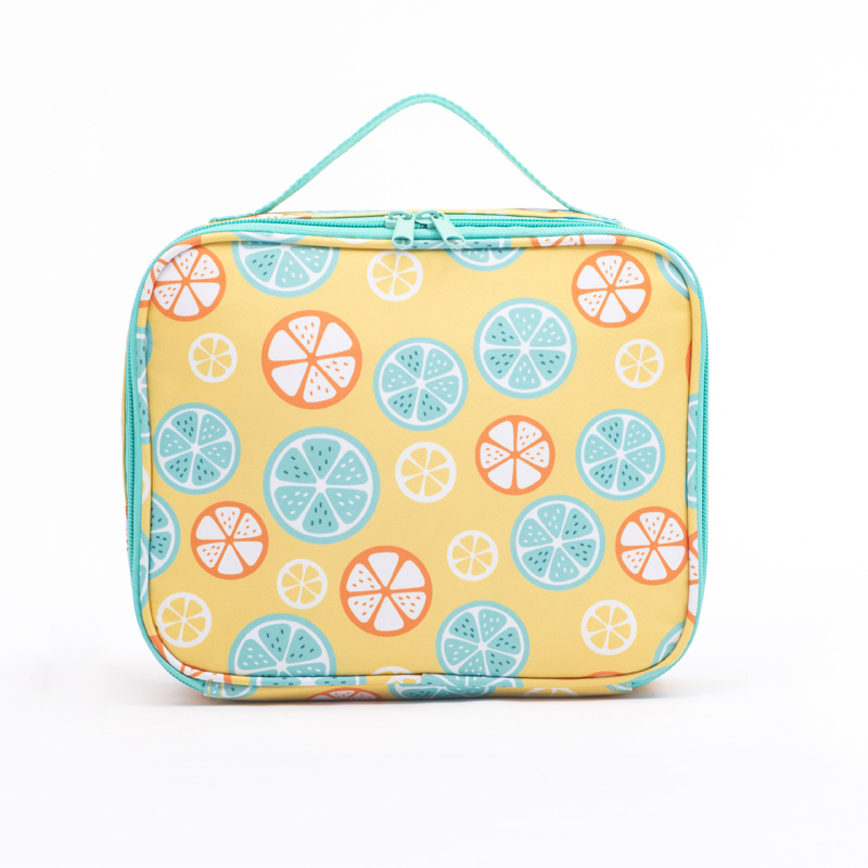 BTS Lunch bag ,The main color is bright yellow, featuring various citrus fruit slice patterns， giving it a summery vibe.It’s perfect for kids or anyone who enjoys a cute style.