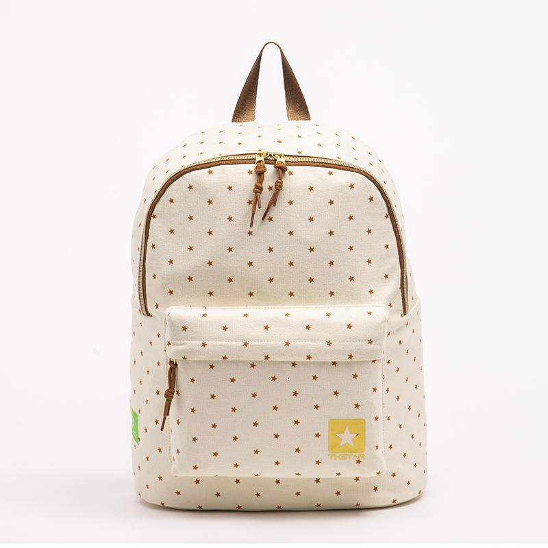 This backpack has a simple yet stylish design with a primarily off-white color and small star patterns, giving it a warm and playful look.