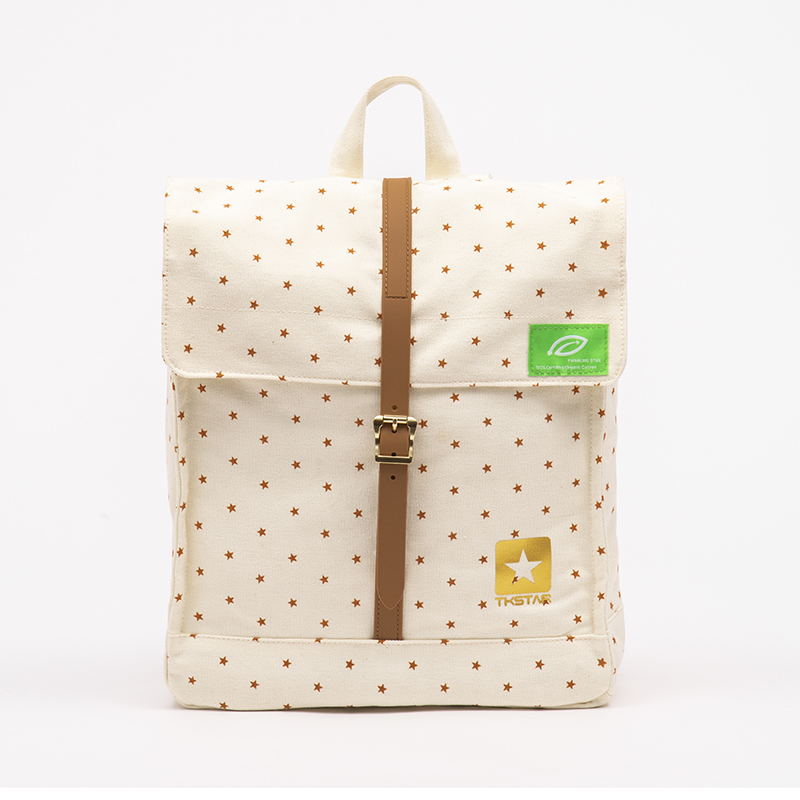 This backpack features a rectangular, minimalist design with a flap closure. It has an off-white background with small star patterns, adding a playful touch. 