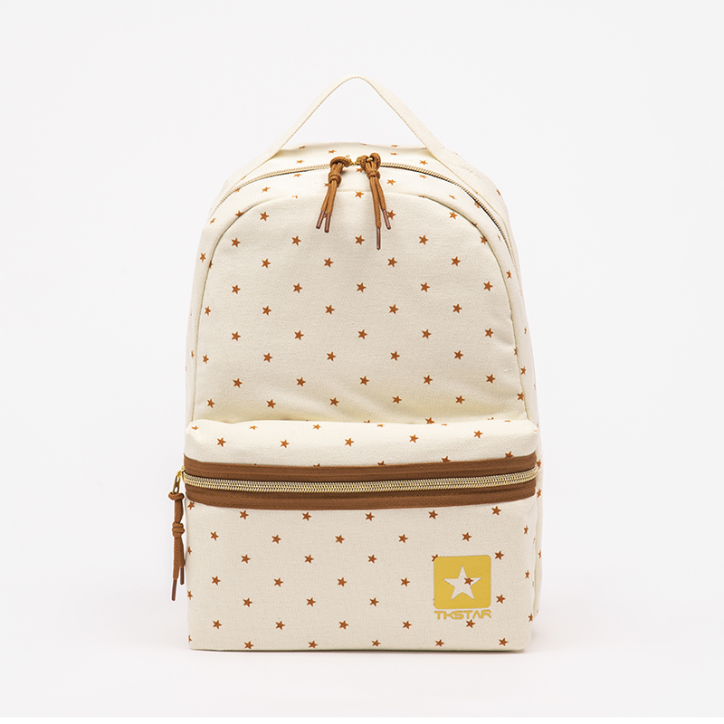 This backpack has a simple yet stylish design with a primarily off-white color and small star patterns, The zipper pulls are decorated with brown leather accents,  giving it a warm and Novel look.